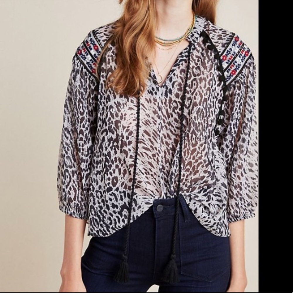 Rina Dhaka Women’s Animal Print Embroidered Split Neck Blouse Top Black Size XS